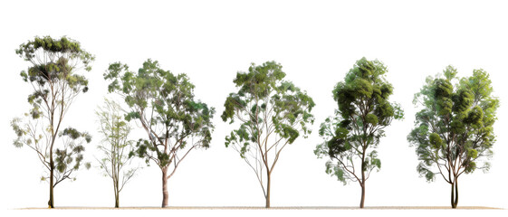 A row of various eucalyptus trees against a white background, showcasing different heights, shapes, and foliage types.