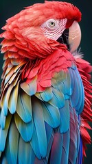 Obraz premium A colorful scarlet macaw parrot basks in the golden light.