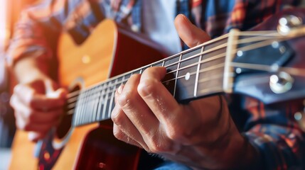 Obraz premium A close-up of a man's hand playing an acoustic guitar.
