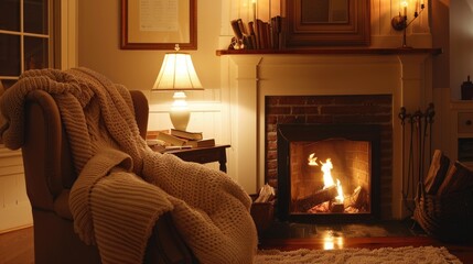 Warm and inviting living room with a crackling fire in the fireplace.