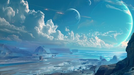 Futuristic space planet landscape in high definition, ideal desktop wallpaper background with cosmic horizon and nebula views