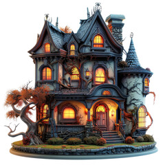 Fototapeta premium Illustration of a spooky haunted house with glowing windows and eerie atmosphere, perfect for Halloween themes and designs.