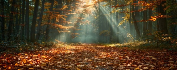 A peaceful forest clearing, with sunlight streaming through the trees and illuminating a carpet of fallen leaves on the forest floor.