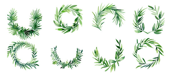 Elegant green watercolor leaves design elements, palm tree leaves wreaths, greenery leafy branches, holiday wedding invite decoration, editable vector illustration, stylish set collection.