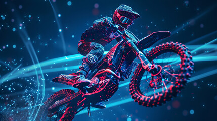 3D illustration of a jumping motocross rider on blue background. Motocross freestyle. Dots, lines, and stars.