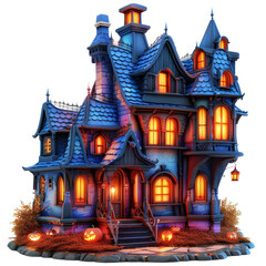 Spooky haunted house with glowing windows, pumpkins, and eerie blue lighting, perfect for Halloween-themed designs.