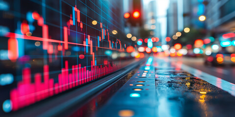 Urban Financial Market Analysis: Illuminated Stock Charts Reflecting Market Trends Amidst Cityscape Lights