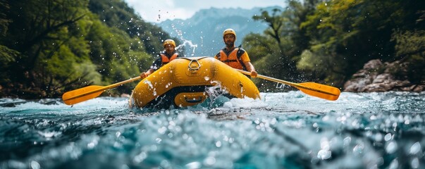 A group of friends embarking on an exhilarating whitewater rafting adventure, navigating rapids and splashing through waves.