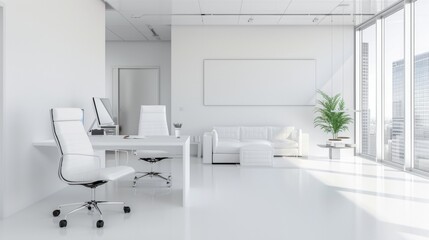 Fototapeta premium Modern White Office Interior With Desk, Chair, and Sofa