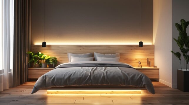 Modern Bedroom Interior Design With Wood Paneling and Warm Lighting