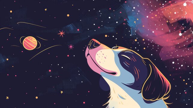 charming space-themed illustration of an adorable dog floating in a starry cosmic background, perfect for children's books, sci-fi art, and whimsical space-themed designs