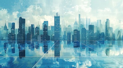 Futuristic city skyline with modern skyscrapers reflected on a glassy surface under a cloudy sky, symbolizing urban development and technology.