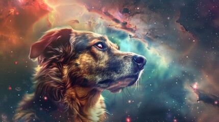 Playful dog in space - illustration of a joyful canine against a cosmic background, perfect for whimsical space-themed designs and pet lovers' projects