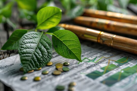 Eco-Friendly Finance Document with Green Graphs and Leaves Clipart depiction of a financial document adorned with green graphs and leaves, emphasizing the principles of sustainability and the