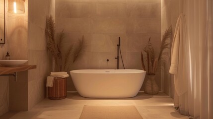 Modern Bathroom With Freestanding Tub and Natural Decor