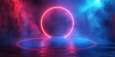 Abstract Neon Circle Illuminated by Vibrant Colors and Surrounded by Mystical Smoke in a Dark Atmosphere