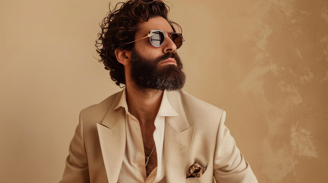 A stylish Arab man with a beard and curly hair models a beige suit. He poses in a studio against a beige wall, wearing sunglasses.