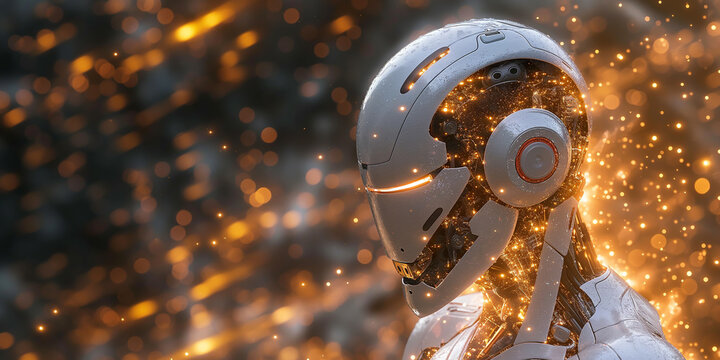 A Stunning Futuristic Robot with Glowing Circuitry and a Sleek Design Surrounded by Sparkling Lights and High-Tech Elements