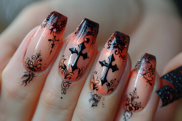 Gothic-inspired nail art with cross symbol