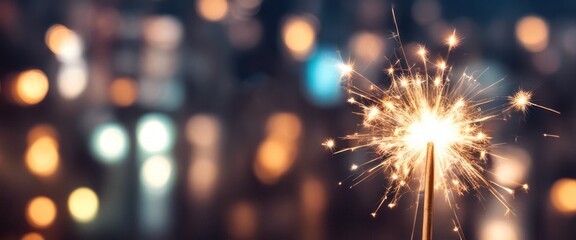 Fototapeta premium Close up of a sparkler with blurred city lights in the background, creating a festive and vibrant atmosphere.