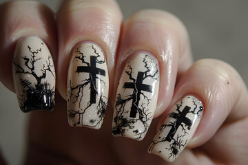 Gothic-inspired nail art with cross symbol