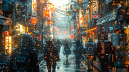 Futuristic cyber street in busy urban Asian market with digital overlay and glowing neon lights in a rainy night atmospherefuturistic