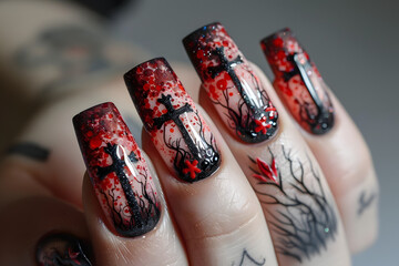 Gothic-inspired nail art with cross symbol