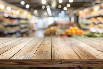 Wooden table in a mart blur background, for advertisement.