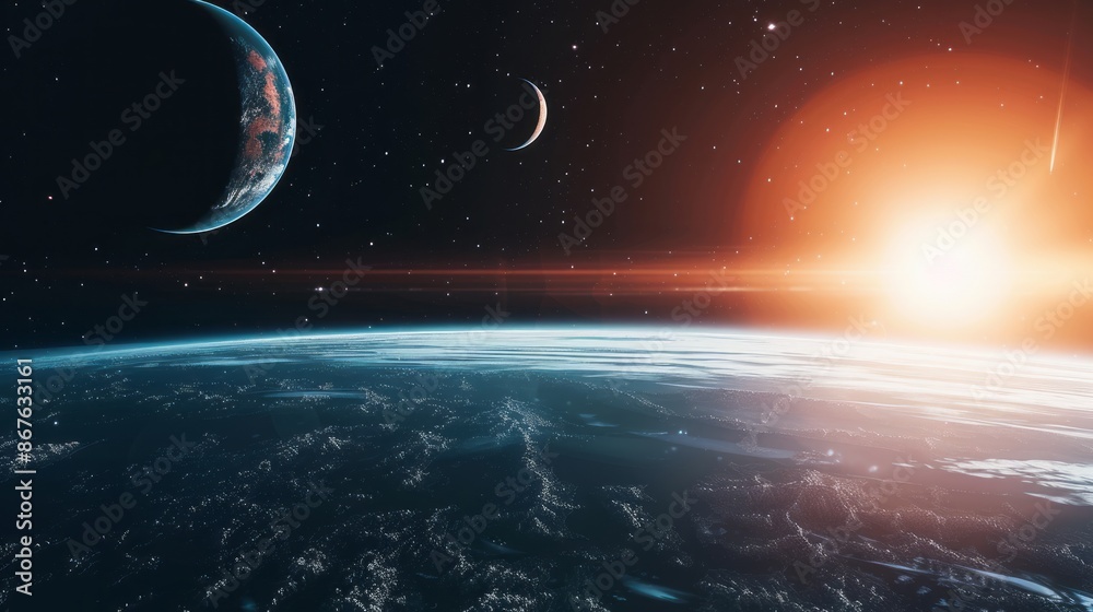 Sticker stunning 8k rendering of planets in space with realistic textures and vivid colors, perfect for sci-