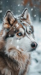 Naklejka premium Close-up of a beautiful Husky with striking blue eyes, covered in fresh snowflakes during a gentle snowfall.
