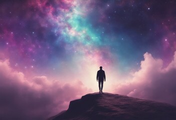 Silhouette of a person standing on a mountain top gazing at a vibrant, surreal night sky filled with colorful nebula and stars.