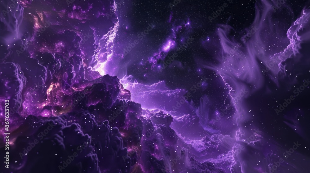 Wall mural purple space nebula abstract astronomy illustration 3d render of sky with glowing stars in deep spac