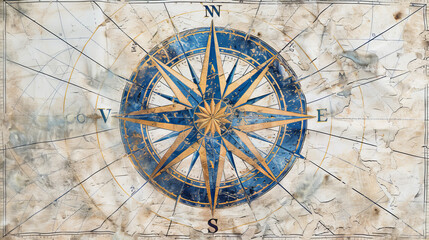 An ancient compass rose is a circular drawing on a map that shows the directions (north, south, east, and west).