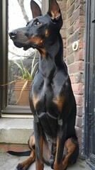 An elegant Doberman Pinscher stands gracefully in a fall setting, surrounded by colorful autumn leaves.