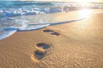 Footprints in the sand by the seaside at sunrise, with gentle waves washing ashore, creating a serene and peaceful beach scene.