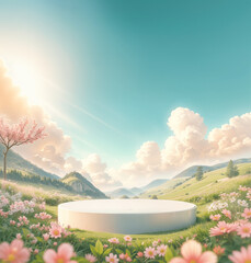 Center focused white podium image of a bright spring day with green field flowers, mountains and clouds for product presentations.