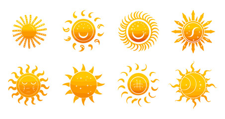 Sun icon set, decorative circle full sun and sunlight. Yellow sunshine and solar glow, sunrise or sunset. Hot solar energy for tan. Vector sign, solar energy icon set, decorative sun vector illustrati