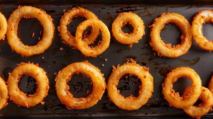 Golden fried onion rings on a baking tray, top view. Snack and fast food concept