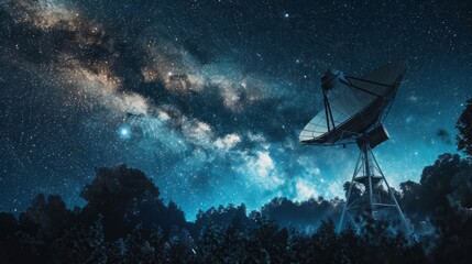 Night sky with radio telescope: antenna for space signals research at isolated space observatory