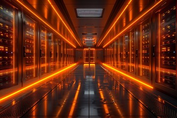 Fototapeta premium Innovative Modern Data Center with Advanced Server Racks and Futuristic Orange LED Lighting in a High-Tech Environmentdata center