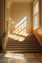 Elegant Sunlit Staircase in Historic Building with Large Windows and Classic Architecture