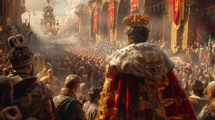 The Grand Coronation Ceremony of a King in Historical Context, Crowds Gather in a Majestic Medieval City with Royal Banners, Adornments, and Regal AttireKing