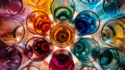 Colorful Top-View of Assorted Glasses with Vibrant Liquids