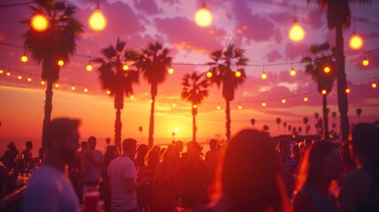 Sunset Beach Party with Glowing String Lights and Silhouetted Palm Trees Overlooking the Ocean During a Vibrant Summer Night CelebrationBeach party