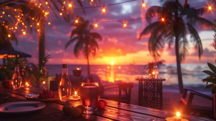 Exquisite Tropical Beach Dinner Setting at Sunset with Glowing String Lights, Palms, and Warm Ambient Lighting Creating a Romantic Atmospheretropical dinner