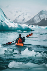 Solo Kayaker in Orange Exploring Iceberg-Filled Arctic Waters on a Clear Day