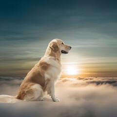 Golden Retriever's View Dog on clouds facing sunrise in gradient blue and gold sky For Social Media Post Size