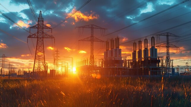 Sunset Over Electrical Power Plant With High Tension Wires and Towers