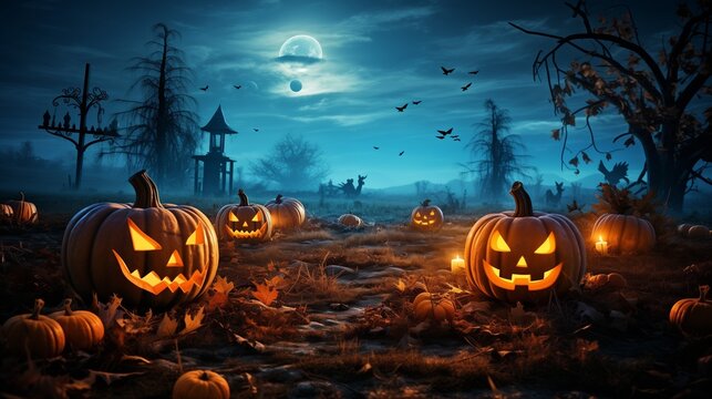 Spooky Halloween Scene in a Moonlit Pumpkin Patch with Carved Jack-o'-Lanterns