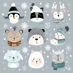 Cute animal Christmas set illustration. festive winter Christmas funny animal characters. Winter-themed featuring cute animal faces perfect for festive and holiday designs, gift wrapping